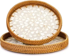 Frcctre 2 Pack Round Rattan Serving Tray with Mother of Pearl Inlay Wooden Base,
