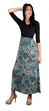Maxi Dress Black Paisley ¾ Sleeve Tie Waist Belt Two Toned Teal XL