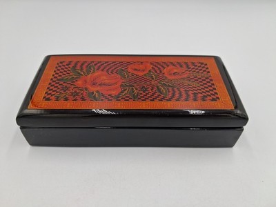 Black Lacquer Trinket Box Red Roses, Checkered Background, 7'' X 3.5''