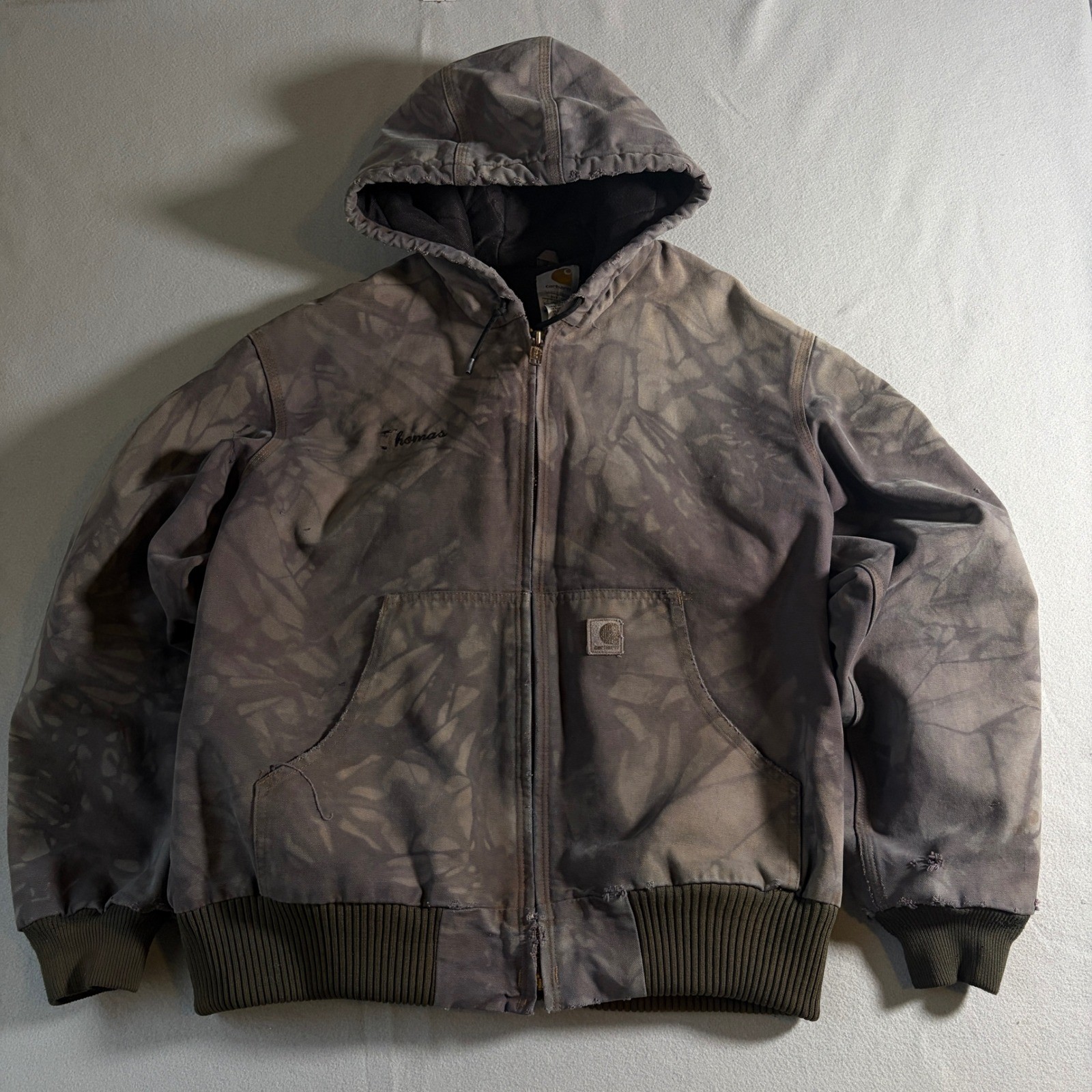 Carhartt J130 BRN Distressed Bleach Wash Canvas Active Jacket Mens Large Brown