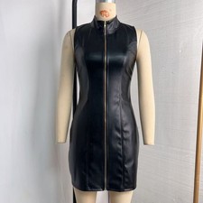 LATEST DESIGN Black Faux Leather Bodycon Front Zip Sleeveless Mini Dress Size 12
