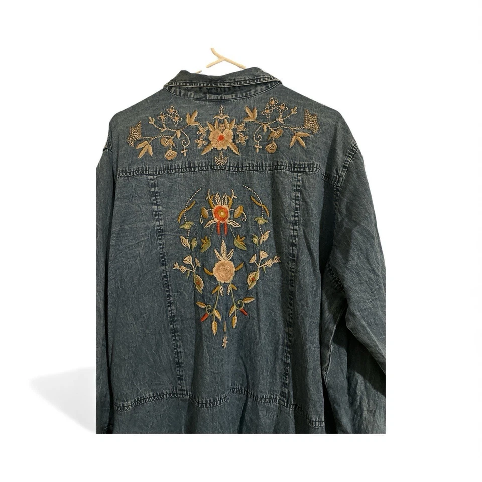 Vintage Nostalgia Denim Shirt Dress Beautiful Embroidery On Back Plus 3x Boho - Image 4 of 4