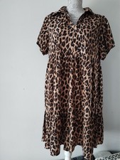 Leopard Print Women's A-Line Midi Dress,  Ruffled Hem short sleeve Size L (12)