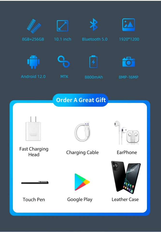 phone Tablet 10.1 inch 8G+256GB Android 12 Wifi 4G/5G LTE GSM SIM gift Keyboard - Image 3 of 4
