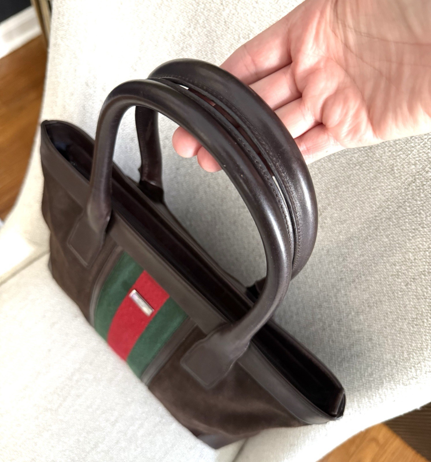 Gucci Authentic Brown Suede Medium Tote Bag Brown Leather Sherry Line Accents thumbnail 17