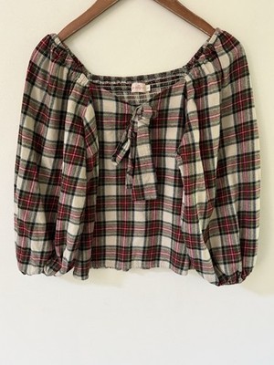 Ivy City Co Merry Blouse Plaid Red Balloon Sleeves Womens Top Size Large Shirt