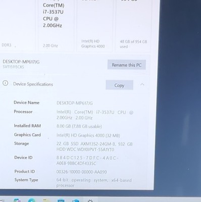 Intel Core i7-3537U 2.00GHz 8GB RAM 22GB SSD 932GB HDD HD Graphics 4000 Desktop