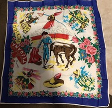 Vintage Tourist Souvenir Scarf Tijuana Mexico, Bull Fighter,Donkey Cart 33 X 34