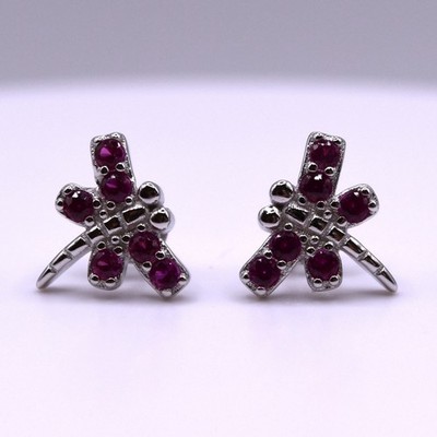 NEW 925 Sterling Silver Dragonfly Stud Earrings w/ Ruby Red CZ Stones