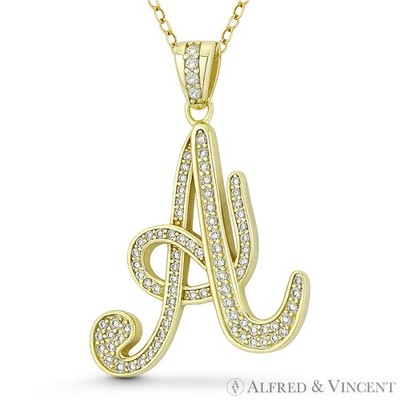 Initial Letter ''A'' Cursive Script CZ Crystal .925 Sterling Silver 14k GP Pendant
