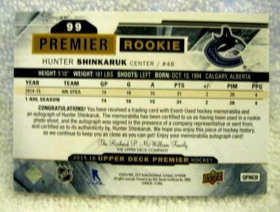 Hunter Shinkaruk RC 2015-16 Upper Deck Premiere Rookie 3Clr Patch Auto#296/375  - Image 3 of 4