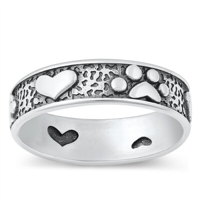 Dog Cat Paw Print Heart Sterling Silver .925 Fashion Band Ring NWT Sizes 4-12US