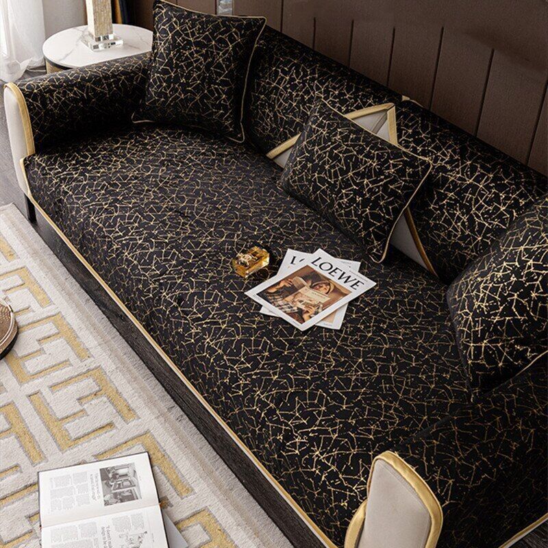 Black Gold Leather Sofa Cushion Modern Non-slip ChairPad Satin Edging Sofa  Cover