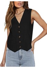 Womens Casual Button Down Sleeveless Black Vest