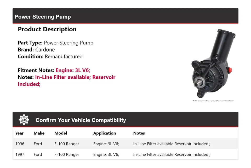 适用于 1996 - 1997 福特 F-100 Ranger 3L V6 动力转向泵 Cardone — 第 2/4 张图片