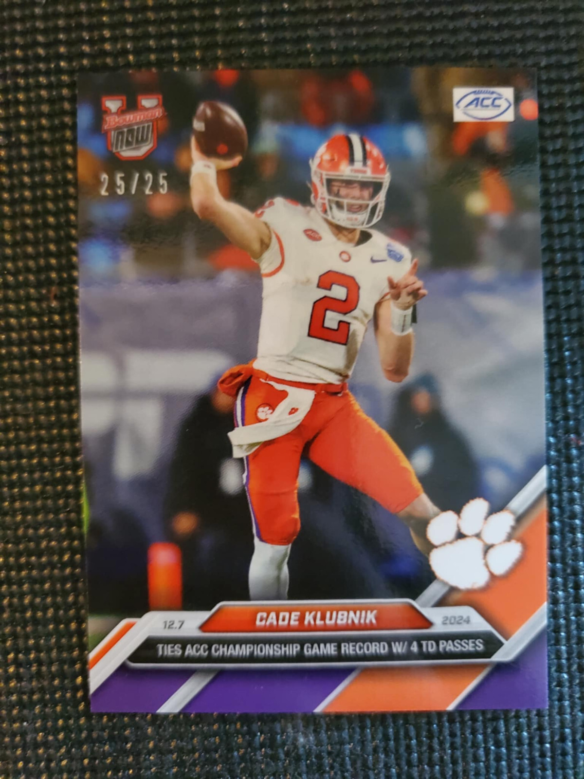 Cade Klubnik Clemsom 2024 Bowman U NOW Football #57 Purple Parallel 25/25