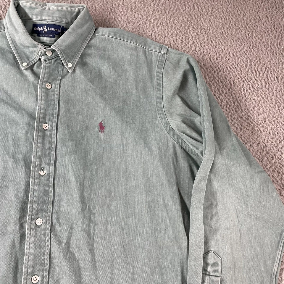 Vintage Ralph Lauren Shirt Mens XL Blue Button Shirt Chambray Pony Broken Button - Image 3 of 4