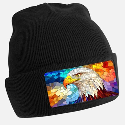Black Beanie Hat with Cool Eagle Stained Glass Motif - Unisex Cap, Cotton