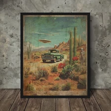 Retro UFO TRUCK ALIEN Poster, Sci-fi Pickup Truck Decor, Cactus Flower Wall Art
