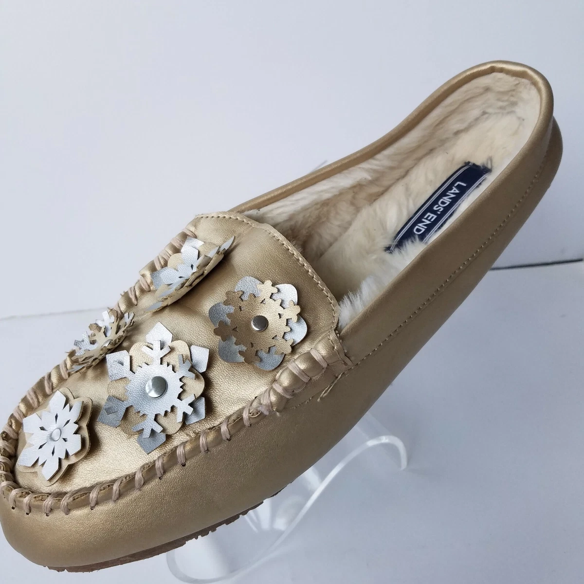 Lands End Size 10 Faux Fur Snowflake Moccasin Mule Slippers EUC eBay