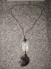 Vintage Feng Shui Chinese Carved Green Celadon Jade Twin Dragon Pendant Necklace