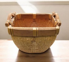 Large Antique Asian Rice Gathering Basket; Hand Woven/Bamboo Trim/Handles
