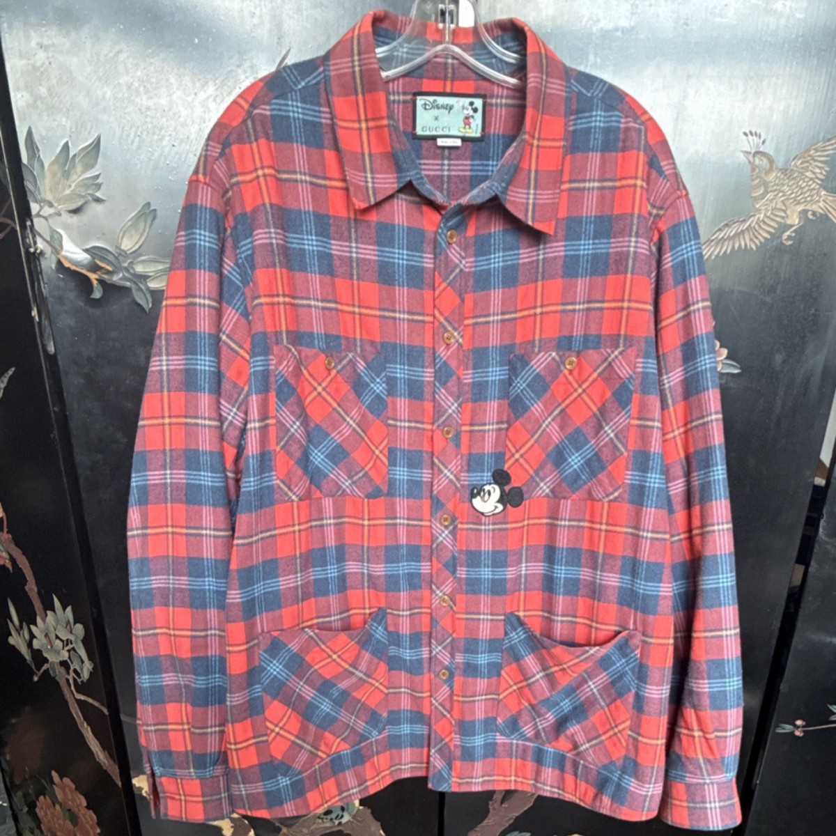 Disney x Gucci チェック柄ネルシャツ Disney x Gucci Mickey Mouse Plaid Flannel Button-Up Shirt Red Blue