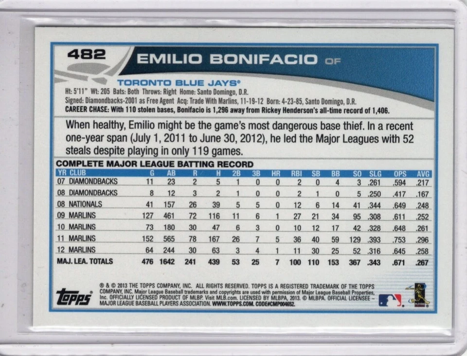 2013 Topps Baseball Green Sparkle Foil Parallel Emilio Bonifacio Toronto - Image 2 of 2