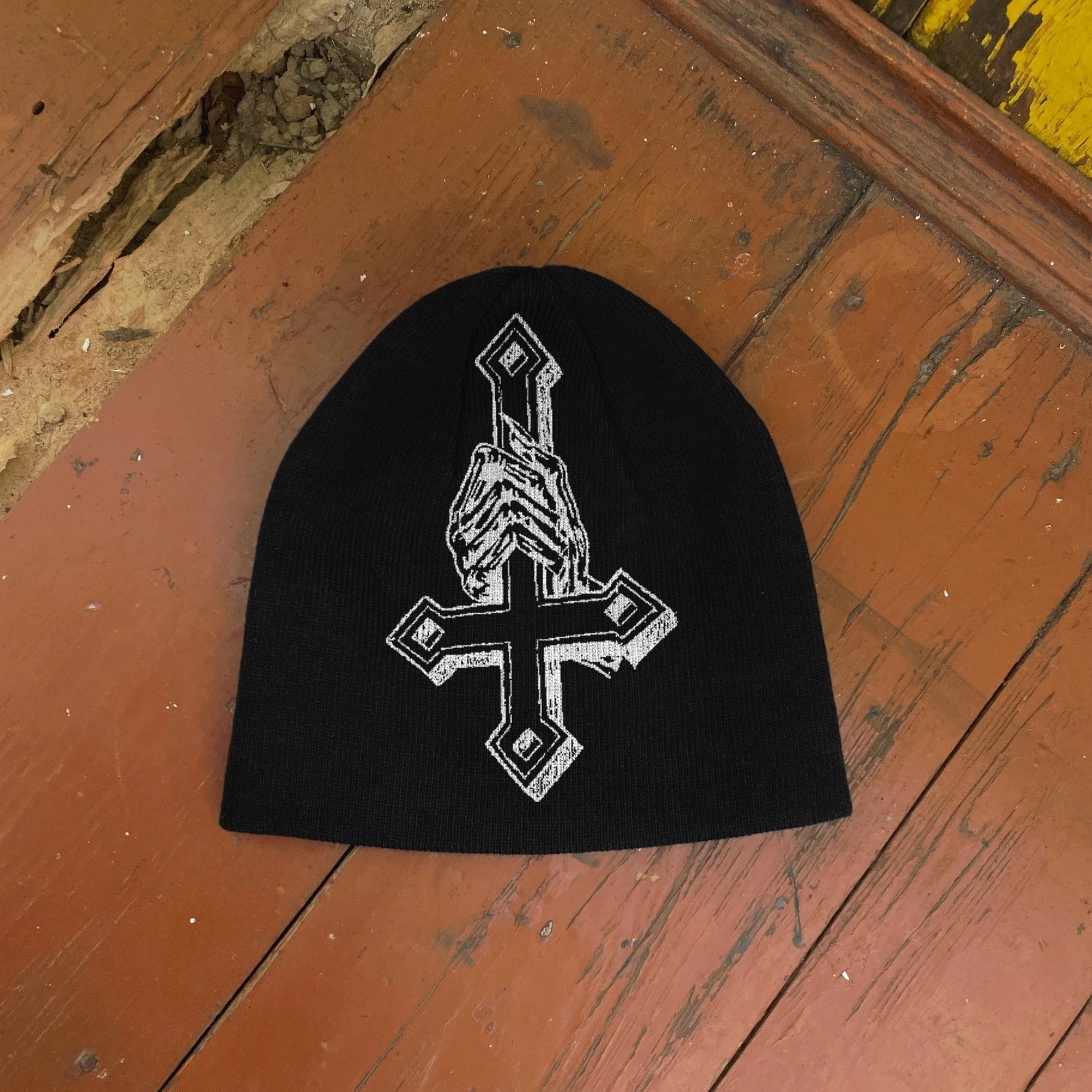 Skeleton Hands Inverted Cross Beanie – Goth Satanic Metal Grunge Hat
