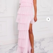 Fun & Flirty Pink tiered tool maxi dress with halter tie Size XS/S