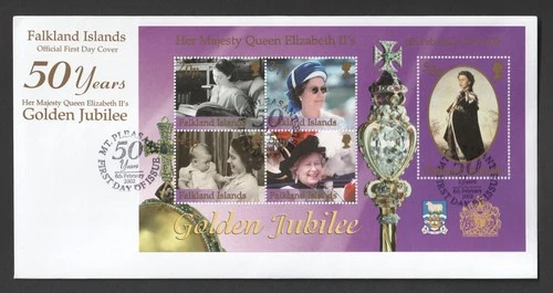 2002 Falkland Islands Golden Jubilee Minisheet QEII FDC. First Day Cover. Stamps