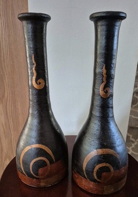 2 Vintage Handmade Studio Art Pottery Bottle Shaped Black Gold Brown Accents