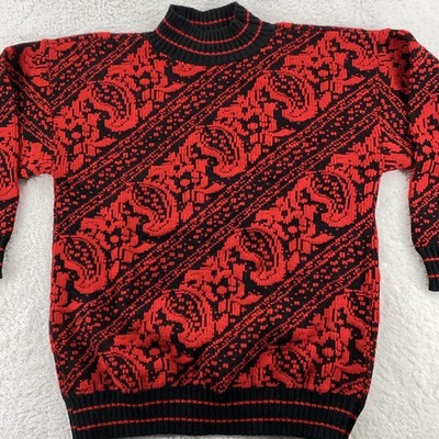 Vintage Rose Sweater Small Paisley Thick Ribbed Mock Neck Knit Pullover USA 80s