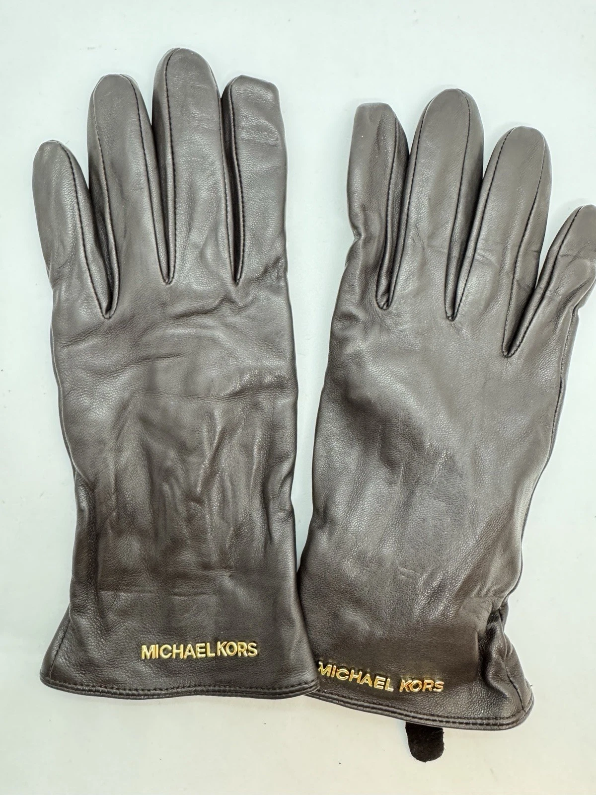 Michael Kors Genuine Leather Touchscreen Women’s Gloves - Brown w Gold Logo MED~