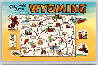Wyoming WY Greetings Illustrative Map State Landmarks 1958 Postcard Cowboys