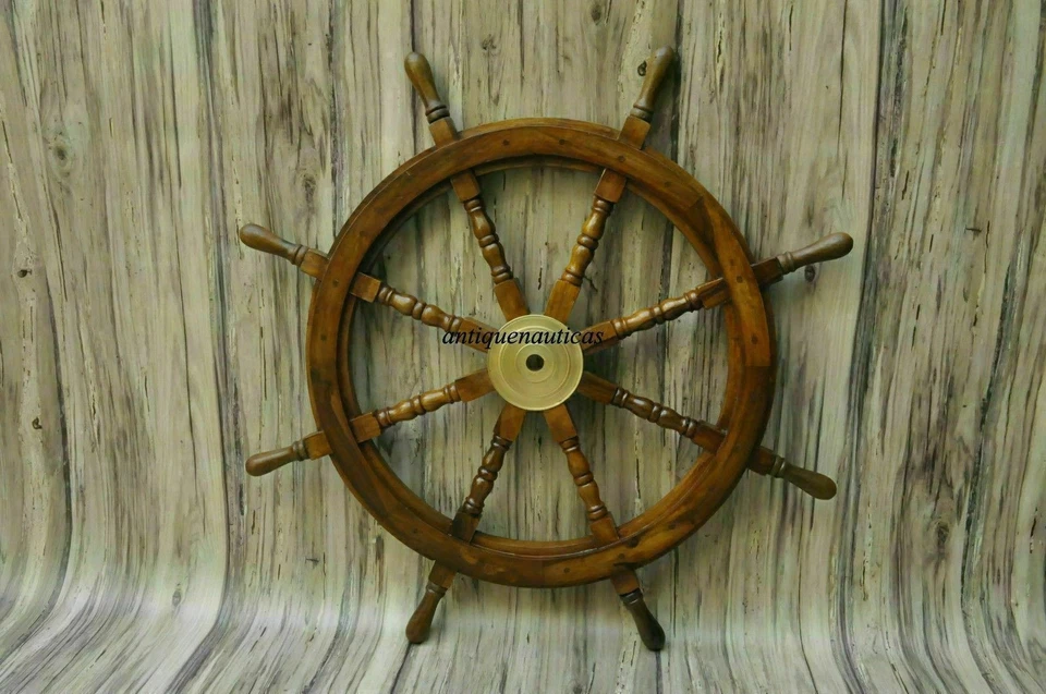 36 Inch Big Ship Steering Wheel Wooden Antique Teak Brass Nautical Pirate Ship's - Image 2 of 3