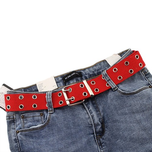 Women Studded Grommet Hole 2 Row Pin Buckle Canvas Nylon Belt Waistband 105cm** - Picture 8 of 16