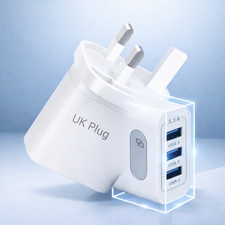 UK Mains 3 Pin Plug Adapter Wall Charger 3-Port Plug USB Charging Phones Tablets