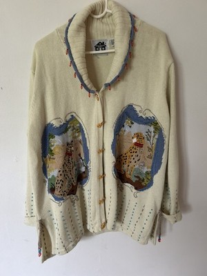 Vintage Storybook Knits Cardigan Cheetah beaded fringe button front 2XL