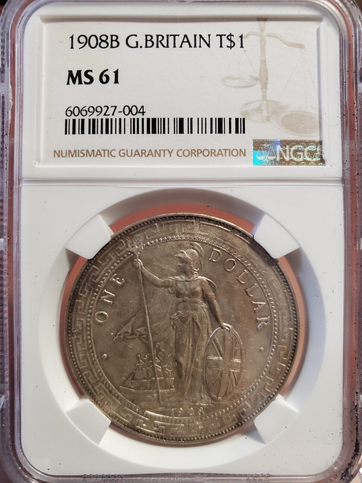 1908 B China Hong Kong UK Great Britain Trade Dollar Silver NGC MS61