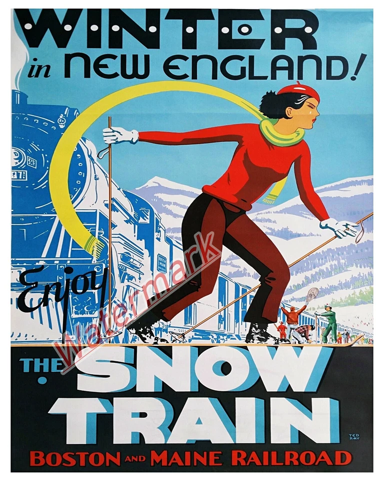 Vintage Boston Maine Eisenbahn Ski Druck Reise Poster Farbe 8 x 10 NACHDRUCK Foto 