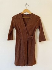 SHEIN Size M Ribbed Knit Bodycon Wrap Dress Buckle Belted 3/4 Sleeve Solid Brown