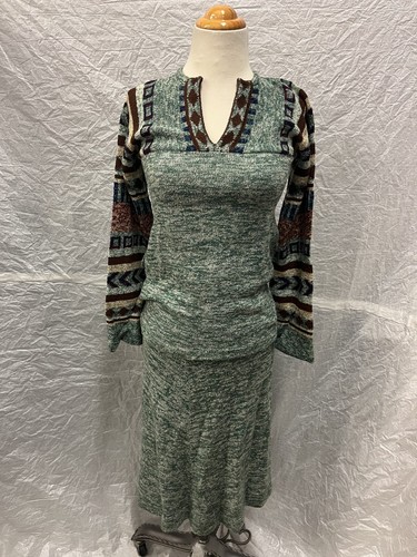 Bargello 70s Vintage 2pc Knit Top Skirt Set, Green & Brown, Women's Sz 5, Mad...