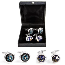 Travel Globe & Compass Traveler 2 Pairs Cufflinks Wedding Fancy Gift Box