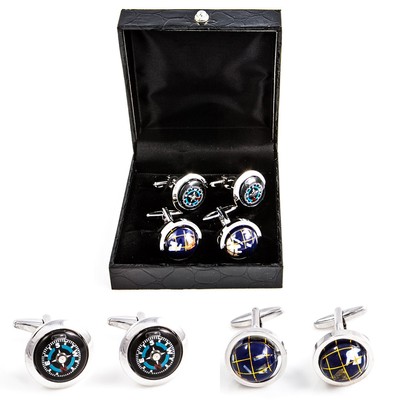 Travel Globe & Compass Traveler 2 Pairs Cufflinks Wedding Fancy Gift Box