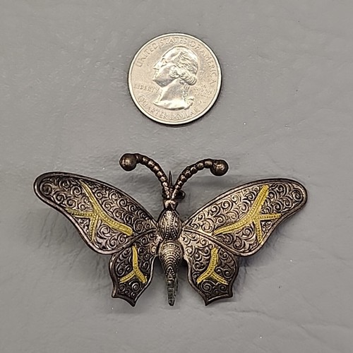Butterfly Brooch Vtg Spain Textured Silver Tone Faux Damascene 3D Pin 2 5/8" - Picture 13 of 13