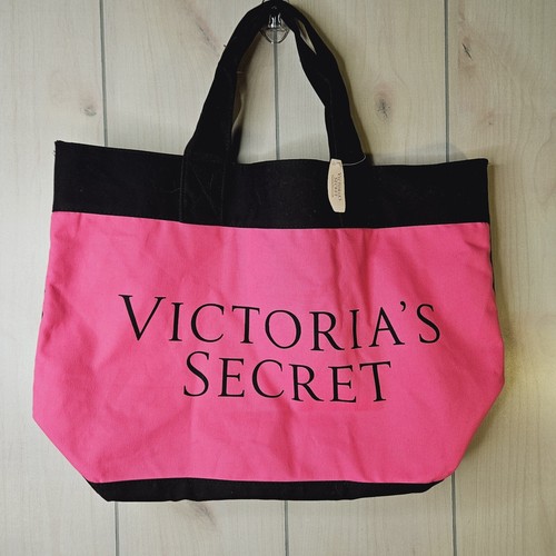 NWT Victoria's Secret Canvas Tote Bag Colorblock Pink Red Black Lined Summer
