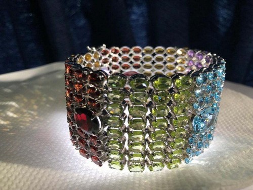 123 grm Silver Bracelet of natural Garnet Citrine, Peridot, Blue Topaz, Amethyst - Picture 8 of 12