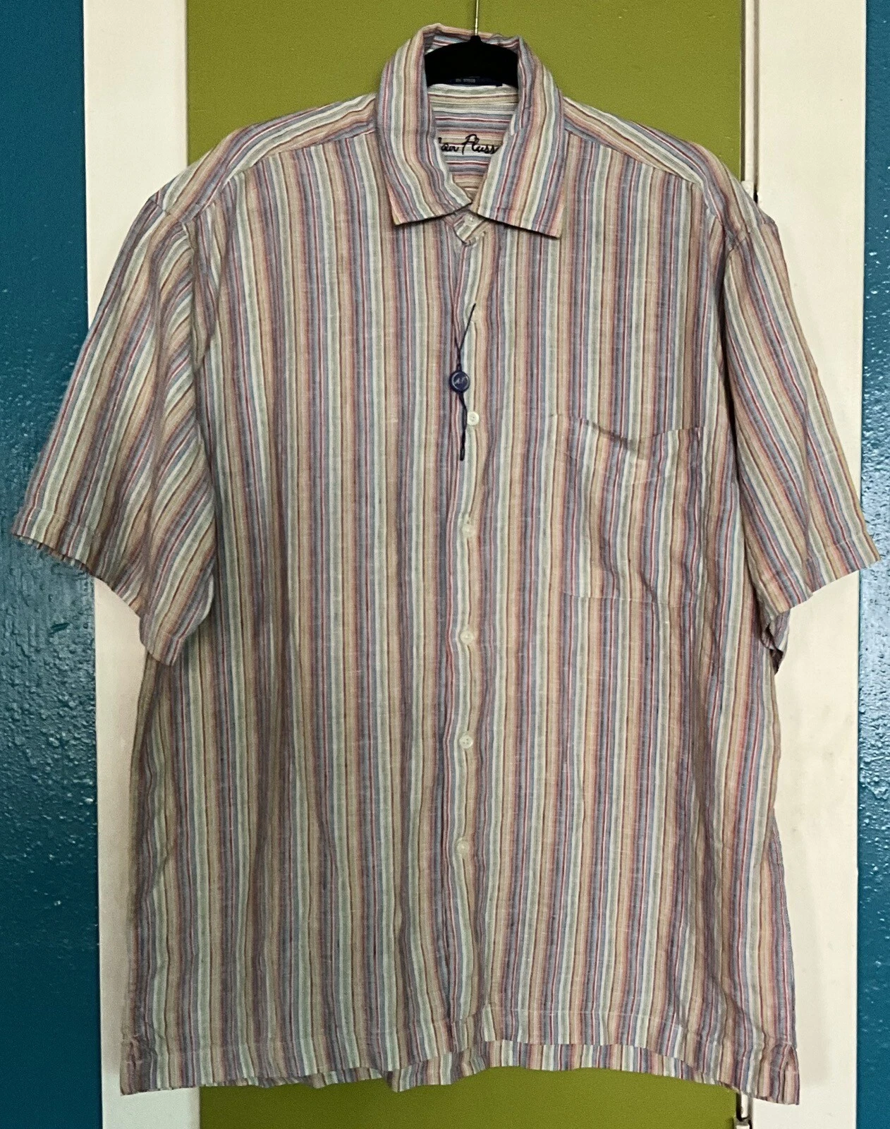 New Alan Flusser S/sleeve Striped 100% Linen Shirt. Breathable, Embroidered
