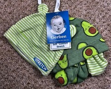 Gerber  4-Piece Baby Neutral Green  White Avocado Caps  No Scratch Mittens Set